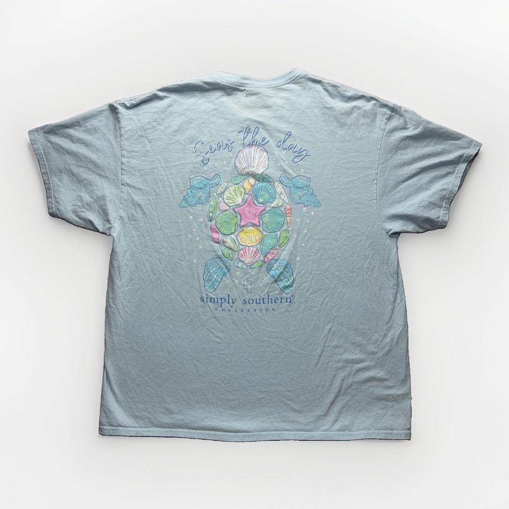 Simply Southern Womens 2XL Light Aqua Blue Seas The Day Turtle Tshirt Tee Casual